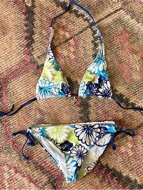 Floral Triangle String Bikini - Blue, Green, White